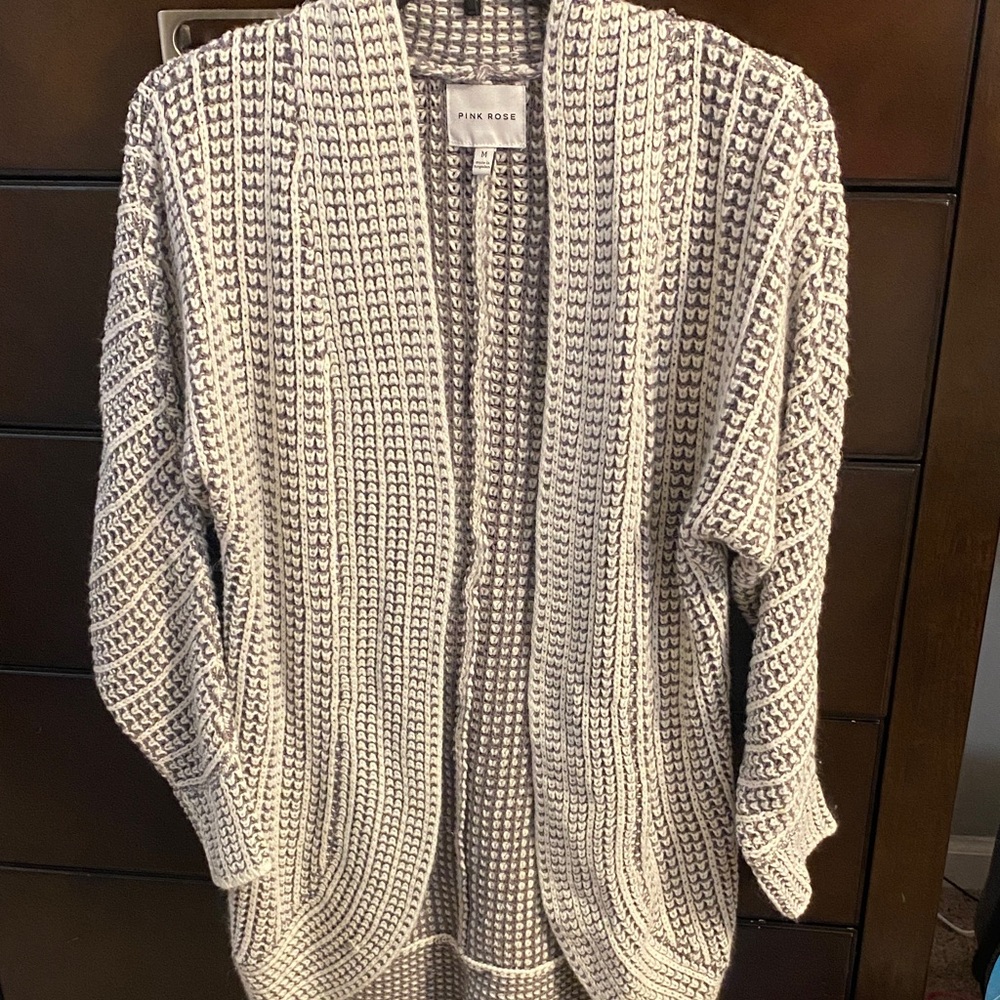Pink Rose Cream and Gray Chunky Open-Front Knit Cardigan
